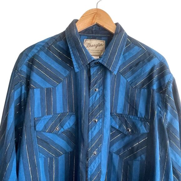 Wrangler Mens Shirt 2X Blue Stripe Metallic Pearl Snap Western Rodeo Cowboy - Picture 6 of 12